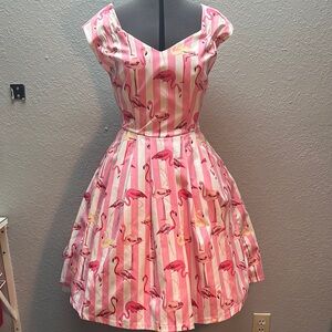 LINDY BOP Nadia Pink Flamingo Print Dress US 6 Rockabilly Retro Vibes
